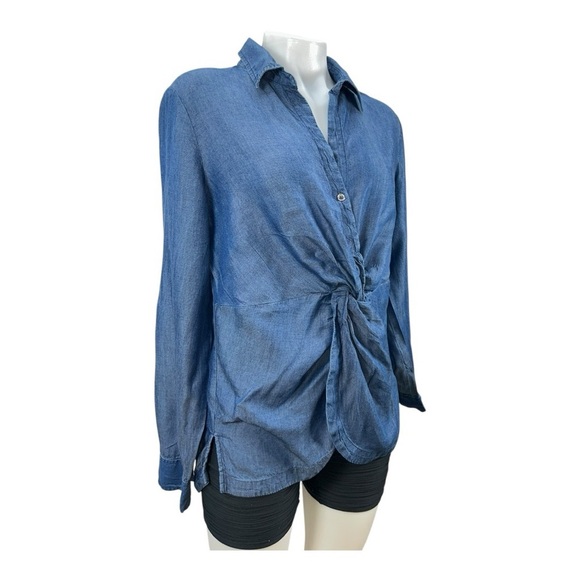 NEW YORK & COMPANY soho Blue Denim Button Knot Front Roll Tab Sleeve Shirt Sz M - Picture 7 of 12